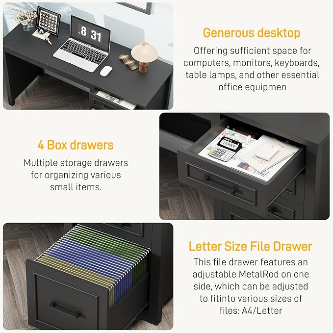 Vabches Farmhouse 49” Executive Desk with File Drawer, 4 Drawers Reversible Computer Desk with Storage, Rustic Home Writing Workstation for Home Office.Black