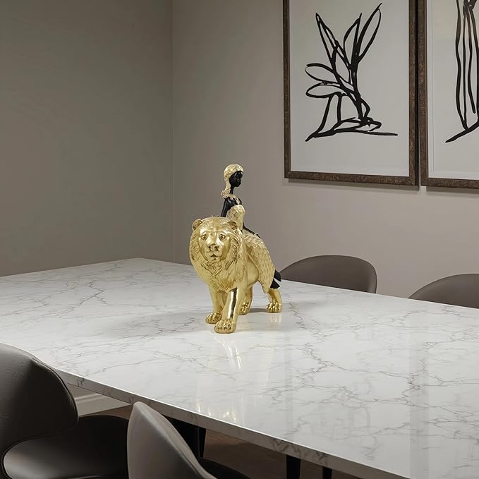 African Woman Riding Lion Statue – Gold Resin Sculpture for Home Decor, African Queen Figurine with Tribal Pattern, Cultural Art Decor for Living Room, Shelf, Office, or Gift