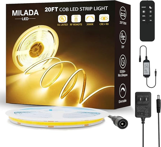 COB LED Strip Light 3000K 20FT/6M Warm White High Lumen Dimmable Strip Paired with RF Remote 24V UL Certified Adapter Suitable for Bedroom Cabinets