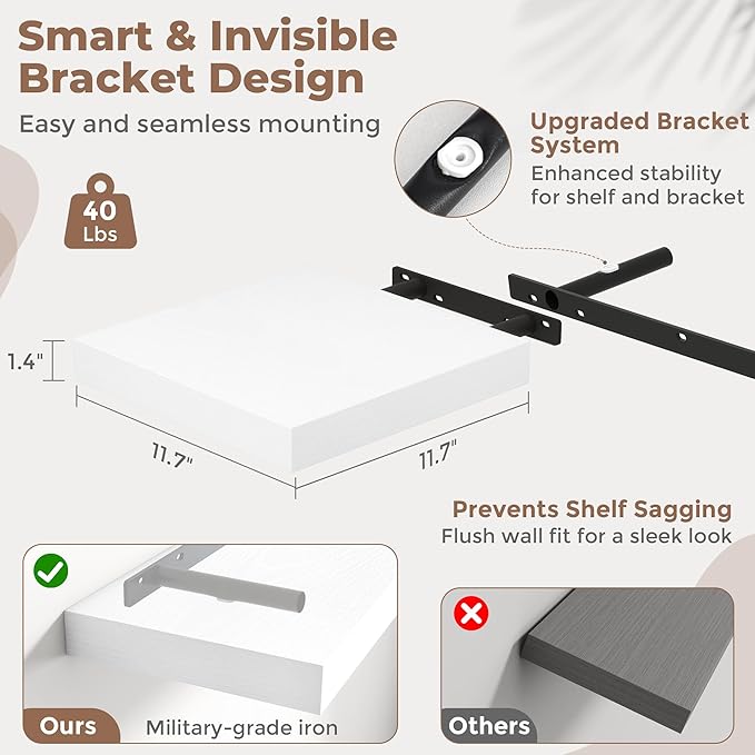 Floating Shelves for Wall with Invisible Brackets, Wall Mounted Engineered Wood Shelves with Wood Grain for Living Room, Bedroom, Bathroom, Kitchen Decor and Storage, Oak, 12"L Set of 3, White