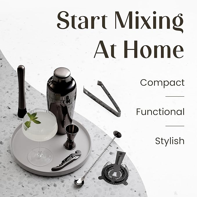 Mixology & Craft Bartender Kit – 15-Piece Cocktail Shaker Set with Bar Tools, Premium Stainless Steel Drink Mixer Accessories for Home Bar, Includes Bamboo Stand, Plus Exclusive Recipe Cards (Black)