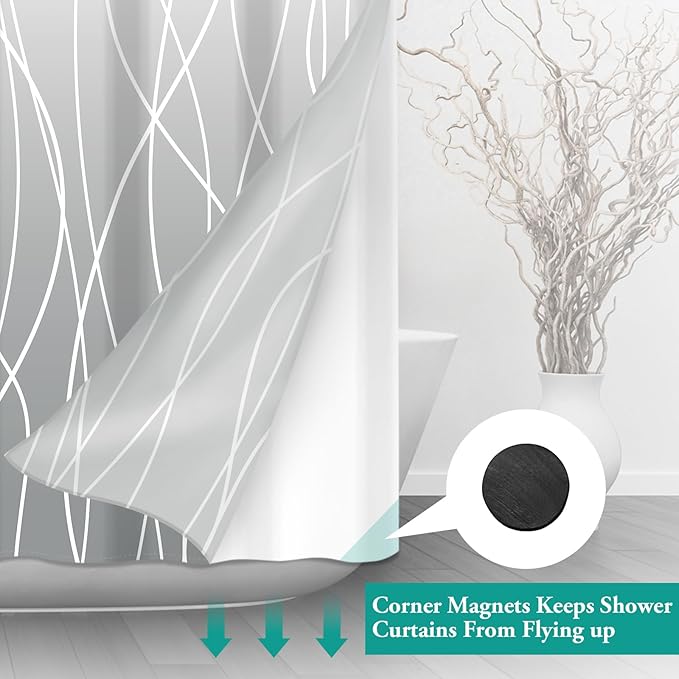 No Hook Ombre Light Grey Striped Long Shower Curtain with Snap in Fabric Liner Set - Hotel Shower Curtain and Liner Set with See Through Mesh Top Window,Machine Washable, 71x86 INCH