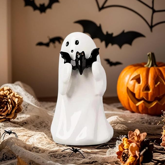 Halloween Cute Ghost Figurine with Black Bat– Resin Mini Ghost Statue for Spooky Home Decor, alloween Ghost Decor for Table, Shelf, Desk, Mantel