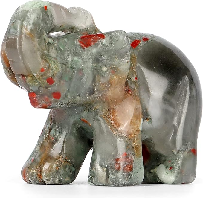 SMQ 2.0" Africa Bloodstone Crystal Elephant Statue,Hand Carved Healing Crystal Gemstone Elephant Animal Figurine Crafts Gifts Decor for Home Office Desk