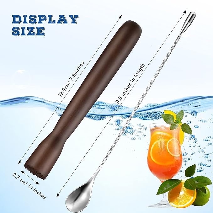 Patelai Wooden Cocktail Drinks Muddler Bar Muddler and 12 Inches Bar Spoon Stainless Steel Shaker Spiral Mixing Spoon for Making Cocktails Mojito Lemonade Drinks Juice