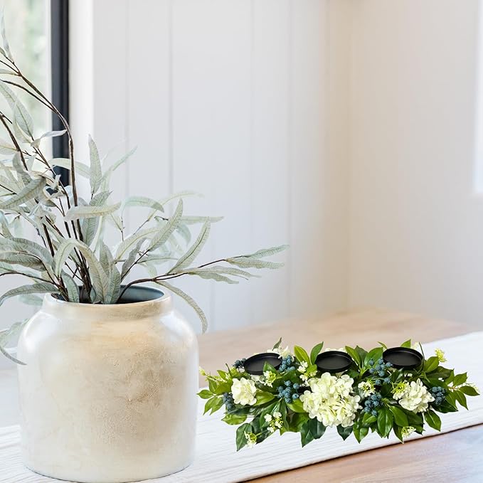 All Season Candle Holder Centerpiece for Table with Artificial Blueberry,White Hydrangea and Eucalyptus Leaf for Table Centerpiece Decor,Dining Room,Party Home Decor