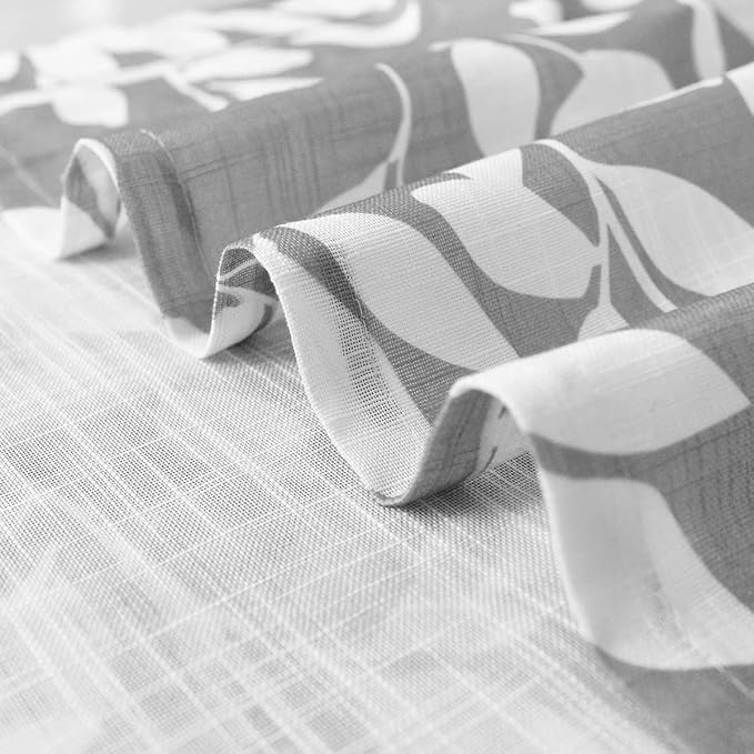 Grey White Sliding Door Curtain 84 inch Length Semi Sheer Leaf Print Curtains for Living Room Bedroom Linen Textured Look Light Filtering Window Curtain Panels Botanical Window Drapes 100” w 1pcs