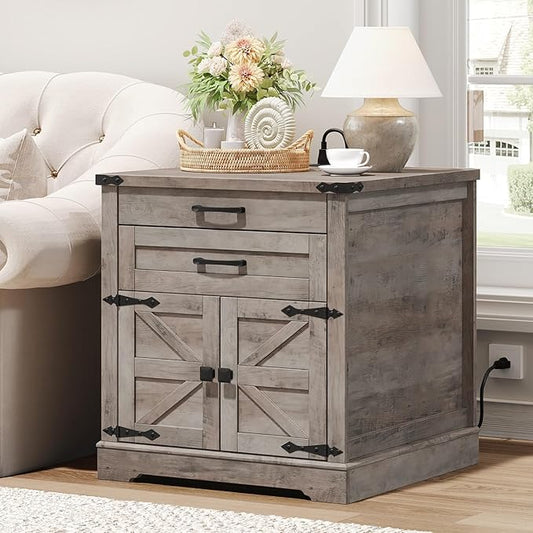 Farmhouse End Table with Charging Station, 24'' Sofa Side Table with 2 Drawers and Barn Door, Large Rustic Wooden Square Nightstand for Bedroom, Living Room, Greige