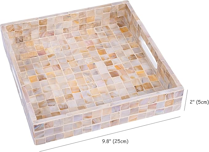 PEMAR 10" Mother of Pearl Catchall Tray for Coffee Table, Entryway, Nightstand. Square Serving Tray Wooden Luxury Decorative Handmade Eating Platters w Insert Handles (White Cream Squares Pattern)