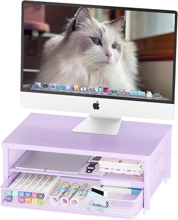 Desk Organizers and Accessories, 2-Tier Computer Monitor Stand Riser with Drawer, Laptop Stand, Office Desk Accessories, Workspace Desktop Organizer for Office Supplies, Purple