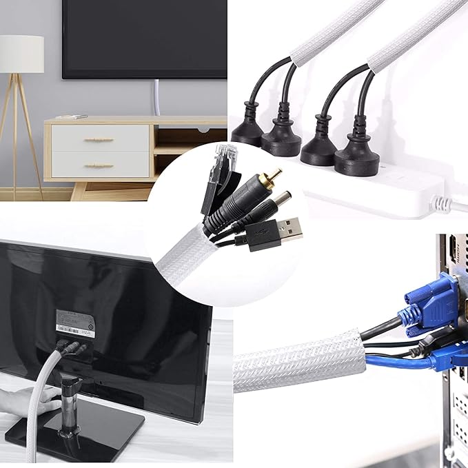 CrocSee 25ft - 1.25 inch Braided Cable Management Sleeve Cord Protector - Self-Wrapping Split Wire Loom for TV/Computer/Home Theater/Engine Bay - White