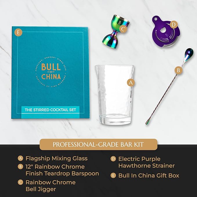 4 Piece Cocktail Kit by Bull In China - Premium Bartender Gift Set Includes Flagship Mixing Glass, 12 inch Barspoon, Bell Jigger & Hawthorne Strainer For Professional & Home Bars (Rainbow Chrome)