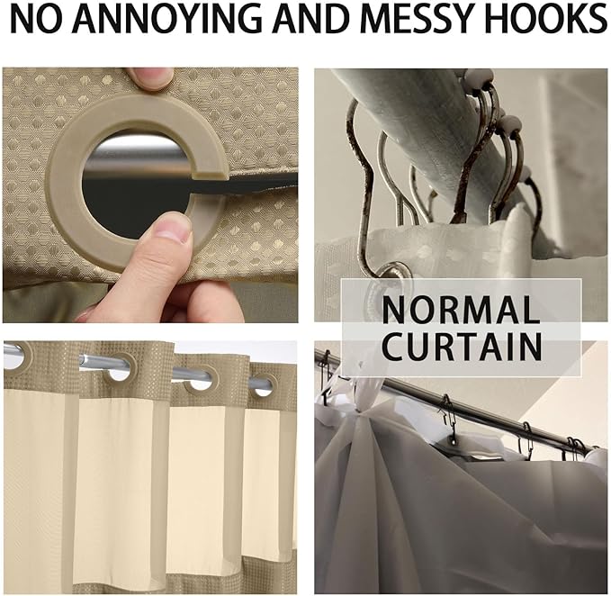 YellyHommy No Hook Shower Curtain with Snap in Liner Set Less Time Waffle Shower Curtain for Bathroom (Beige, 81" L x 72" W)