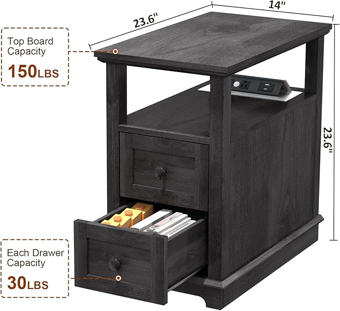 HIFYOBRO Narrow End Table with Flip Top Charging Station and 2 Drawers, Type-C & USB Port & Power outlets, Wooden Storage Cabinet, Side Table with Storage for Living Room and Bedroom
