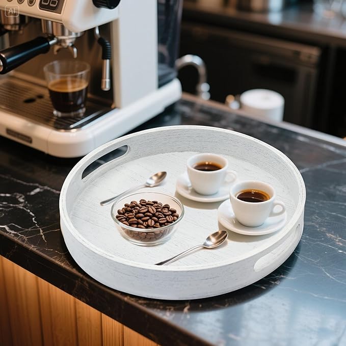 Round Decorative Tray,Wooden Serving Tray with Handles, 11.8in White Decorative Trays for Coffee Table,Kitchen Counter,bandejas decorativas