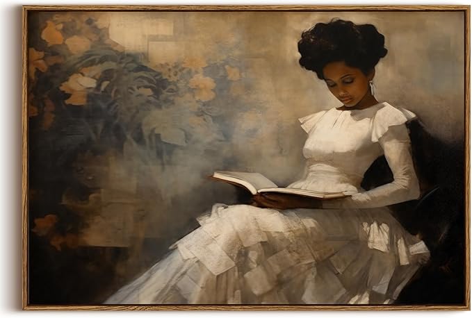 KISSFOX Vintage Portrait Framed Wall Art African American Canvas Wall Art Neutral Rustic Woman Reading Paintings Artwork Serene Countryside Art Prints For Bedroom Living Room