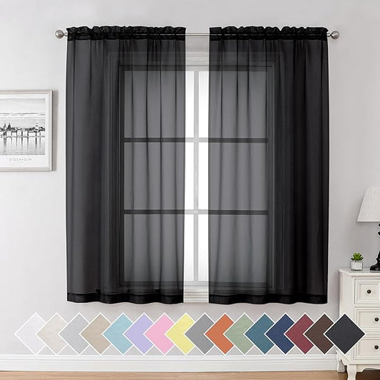 Aiyufeng Black Sheer Curtains 63 Inches Long Light Weight Soft Semi Voile Drapes, Window Curtain Sheers Elegant Rod Pocket Top for Bedroom Living Room, Each is 40W x 63L