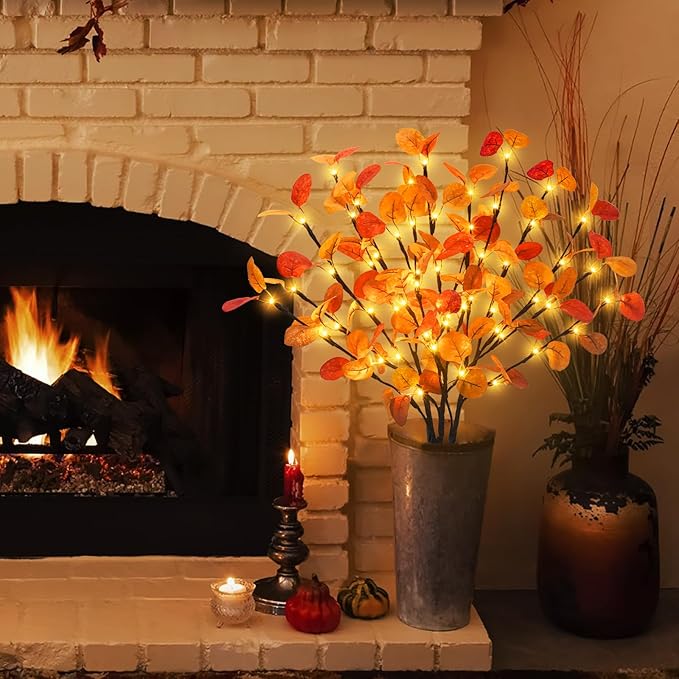 3Pcs Lighted Eucalyptus Leaves Branches, 30” Timer Fall Eucalyptus Stems with Lights,60 LEDs Battery Operated Fall Lighted Tree Branches for vases Home Wedding Table centerpieces Thanksgiving
