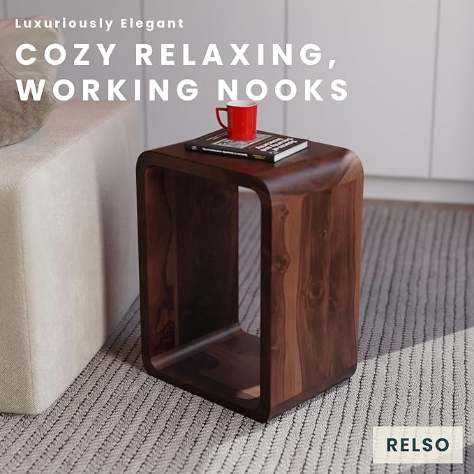 Relso Aurora End Table Solid Sheesham Wood Nightstand with Open Shelf Storage, Walnut Finish Bedside Table, Side Table for Bedroom, Living Room, Entryway, Small Spaces, Accent Bookshelf