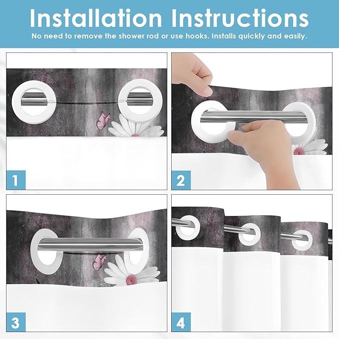 No Hook Pink White Daisy Butterfly Shower Curtain with Snap in Fabric Liner Set, Grey Farmhouse Double Layers Waterproof Fabric with See Through Top Window Open Grommet Bath Curtain 71x74 Inch