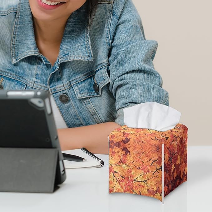 Maple Leaf Tissue Box Cover Square Facial Tissue Holder Storage for Bedroom Bathroom Night Stand Car Modern Home Decorative with Buttons Napkin Case Covers Thanksgiving Decor