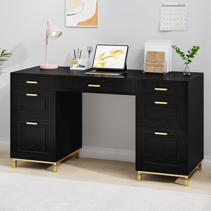 Black Computer Desk with 7 Drawers, 57 Inch Home Office Desk with File Drawers, Wood Modern Desk with Storage for Bedroom, Executive Desk with Golden Legs and Handles, Black and Gold