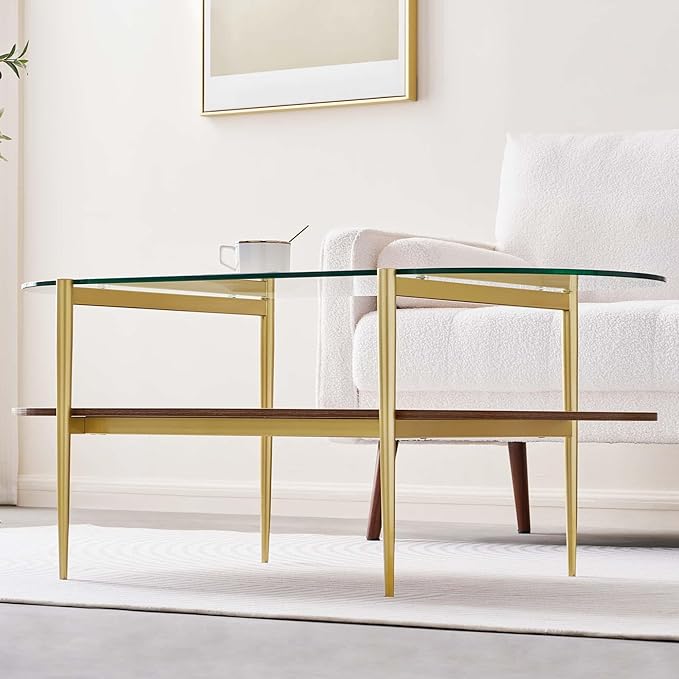 Oval Glass Coffee Table, Mid-Century Modern Design, L41 x W21 x H17 inch, for Living Room, 2-Tier Structure, Clear Glass Top and Walnut Finish Wood Shelf, Conical Legs with Gold Finish Frame