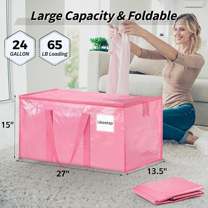 8 Pack Extra Large Heavy Duty Moving Bags, Pink Storage Bins with Lids, Reinforced Handles & Heavy-Duty Zippers Moving Boxes Storage Bags Totes for Clothes Packing, Dorms, College Supplies, Pink
