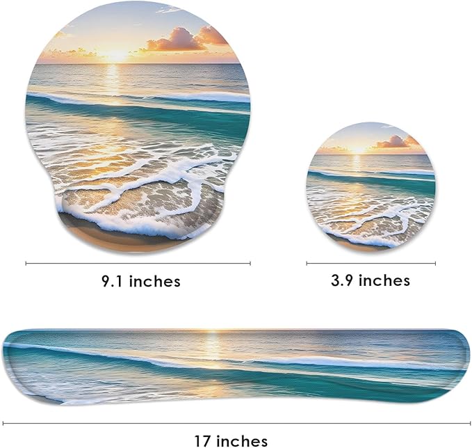 Britimes Summer Beach Sun Mouse Pad 3pcs Set with Wrist Support Non-Slip Rubber Base Ergonomic Pad,Sea Sunset Mouse Wrist Cushion Support and Coasters for Home Office Gaming Easy Typing & Pain Relief