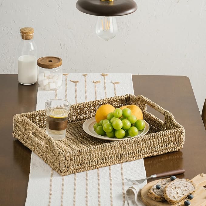Wicker Scalloped Serving Tray with Handles - Seagrass Handwoven Trays,Water Hyacinth Tray for Home Decor and Living Room, Dining Table, Bathroom Organizing, 16.9" L x 12.9" W x 1.96" H