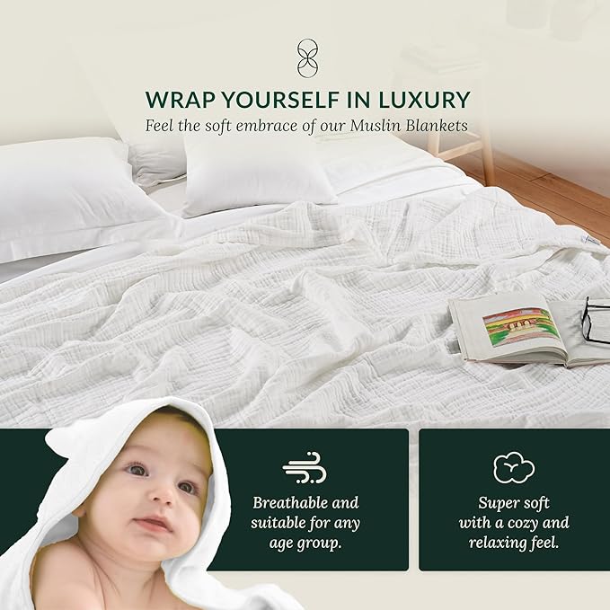 Cloud Scape Linen Extra Large 4 Layer Muslin Throw Blanket - 100% Cotton Gauze, Lightweight & Breathable All Season, Pre-Washed, for Couch & Bed, 50x70, White