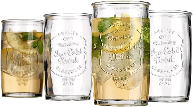 Glaver's Drinking Glasses Set of 4, Vintage Italian Style – Elegant 20 Oz Clear Tumbler Glassware Set– Genuine Artisan-Made for, Refreshing Drinks, Beverages, Cocktails.