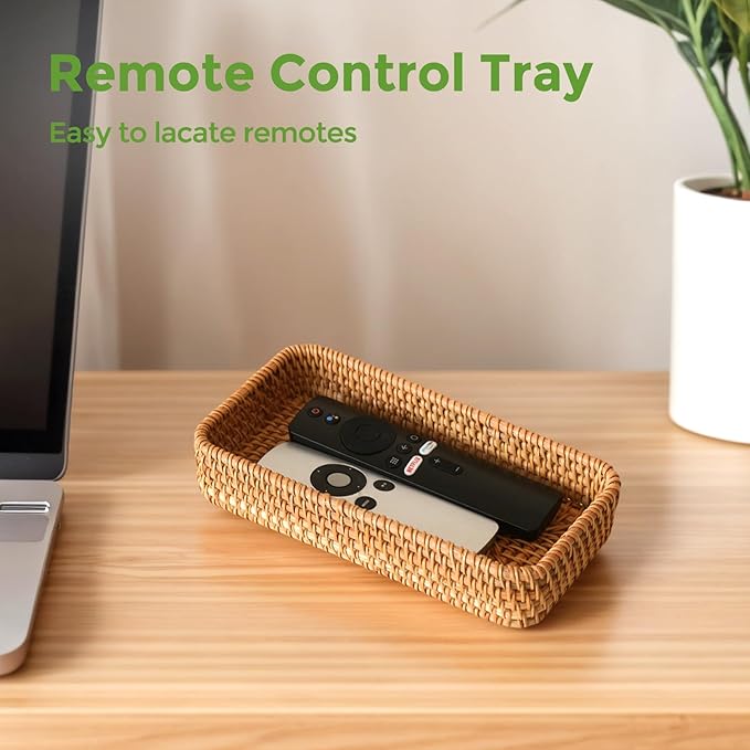 Small Rattan Serving Tray, Natural Wicker Decorative Tray Handwoven for Keys Trinkets Rings Cosmetics, Decorative Jewelry Perfume Tray for Coffee Table Entryway Living Room(8.2" × 4.3")