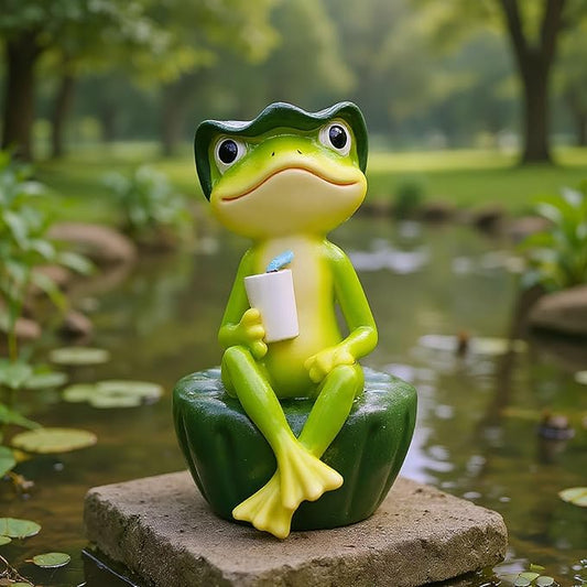 Frog Figurine Garden Decor for Outside, Frogs Statue Plant Decorations for Pots, Fairy Garden Figurines for Lawn Ornaments, Yard Decorations Outdoor, Frog Gifts for Women (1, Drink Frog)