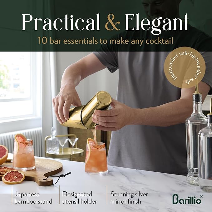 Barillio Gold Mixology Bartender Kit with Stand - Cocktail Shaker Set with Bamboo Stand, Boston Drink Shaker, Mojito Muddler, and Drink Mixer Spoon - 9-Piece Bar Tools Set - Bar Accessories for Home