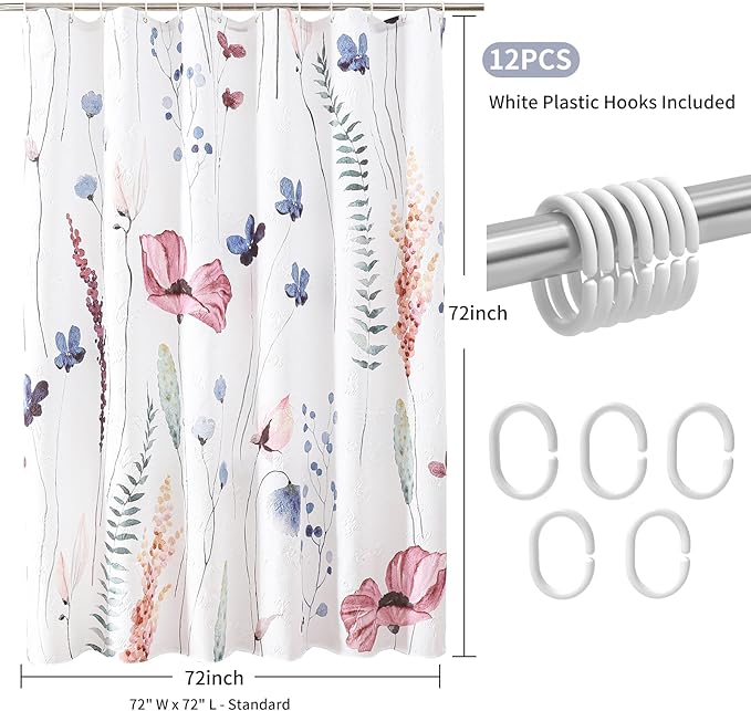 QiyI Spring Floral Shower Curtain, Watercolor Wildflowers Minimalist Bath Set, 3D Embossed Butterflies Botanical Flower Bathroom, Waterproof Fabric With Hooks, 72x72