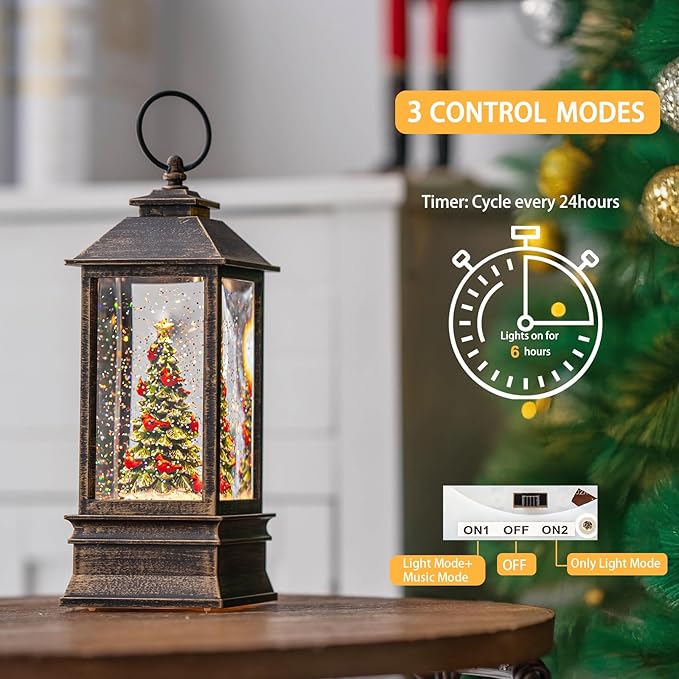 10" Lighted Christmas Tree Cardinal Music Snow Globe Water Lantern with Swirling Glitter Decoration for Christmas Home, Living Room, Battery Operated or USB Powered
