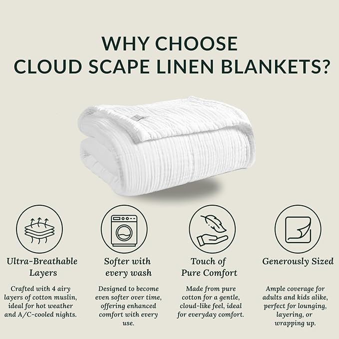 Cloud Scape Linen Extra Large 4 Layer Muslin Throw Blanket - 100% Cotton Gauze, Lightweight & Breathable All Season, Pre-Washed, for Couch & Bed, 50x70, White