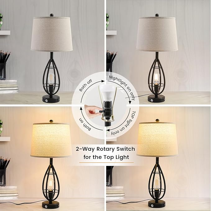27.8" Farmhouse Table Lamps for Living Room Set of 2，Black Lamps for Night Stands with USB A+C，Dimmable Touch Industrial Bedside Lamps，Rustic Lamp for Bedroom End Tables