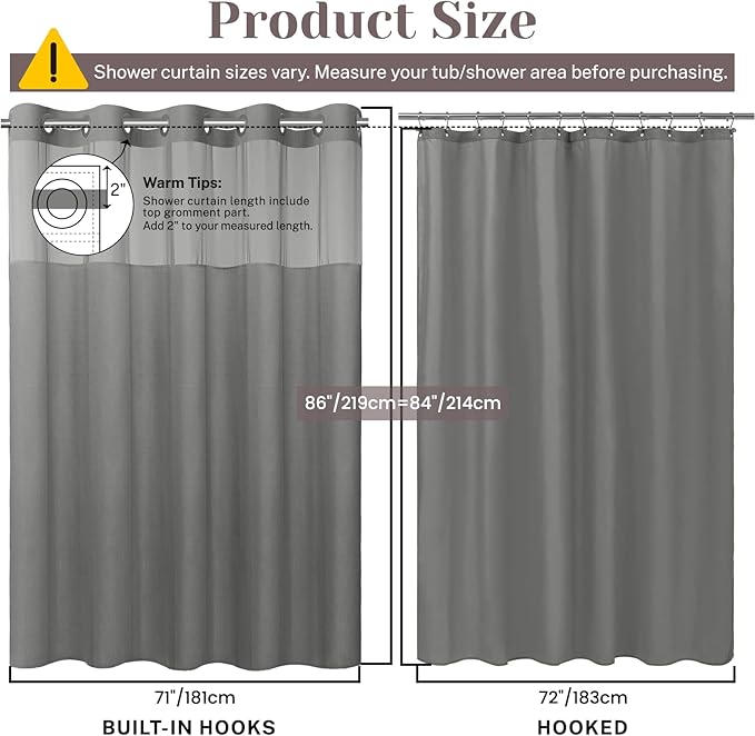 No Hook Slub Textured Shower Curtain with Snap in Liner - Dark Gray Fabric Outer Curtain & Waterproof Inner Liner, Hotel Style with See Through Top Window, 71x86 in