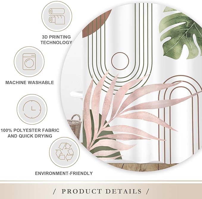 Glawry Abstract Tropical Shower Curtain Chic Boho Plant Palm Leaf Watercolor Pink Green Simple Minimalist Bathroom Modern Botanical 72Wx72L Inches Bath Accessories Art Home Decor Fabric 12 Pack Hooks