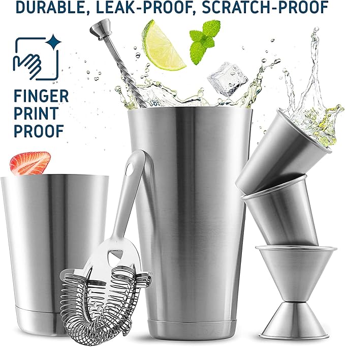 Bar Set Cocktail Shaker Set, Stainless Steel Mixology Bartender Kit, 16 Piece Cocktail Kit, Silver Cocktail Set, Bar Tools: 30oz Martini Shaker, Muddler, Bar Kit Cocktail Book, Jigger and Pourers