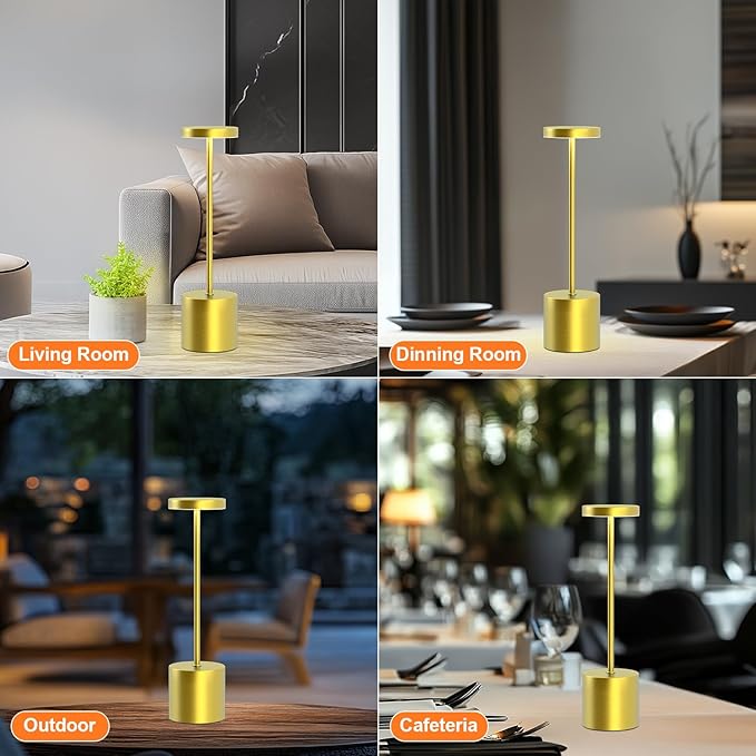 Cordless Table Lamp – 2 Pack Rechargeable Table Lamps, 5000mAh Battery Operated Lamp with 3-Color Dimmable Light, Outdoor Table Lamp for Bedroom, Restaurant, Patio, Home Décor (Gold)