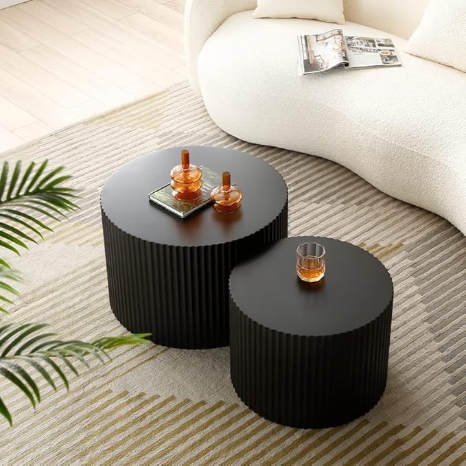 Nesting Coffee Tables Set of 2, Black Round Coffee Tables for Living Room Modern Fluted Tea Tables 23.6" Wooden Drum Accent Tables for Living Room, No Assembly Required (Black)