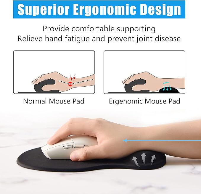 Hsurbtra Ergonomic Mouse Pad with Wrist Rest Support, Gel Mouse Pads with Non-Slip PU Base, Pain Relief Memory Foam Computer Mat, Cute Office Supplies Desk Decro Accessories, Jet Black