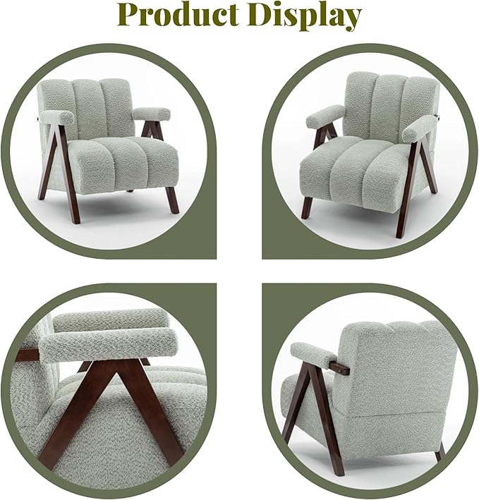 Mid Century Modern Accent Chairs Set of 2 with Solid Wood Frame, Boucle Upholstered Living Room Chairs with Thick Cushion, Comfy Tufted Arm Chair for Bedroom, Sage