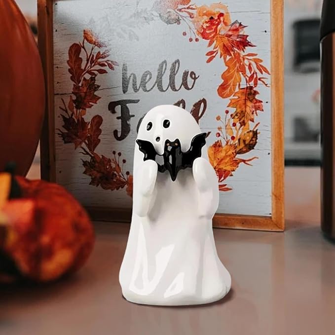 Halloween Cute Ghost Figurine with Black Bat– Resin Mini Ghost Statue for Spooky Home Decor, alloween Ghost Decor for Table, Shelf, Desk, Mantel
