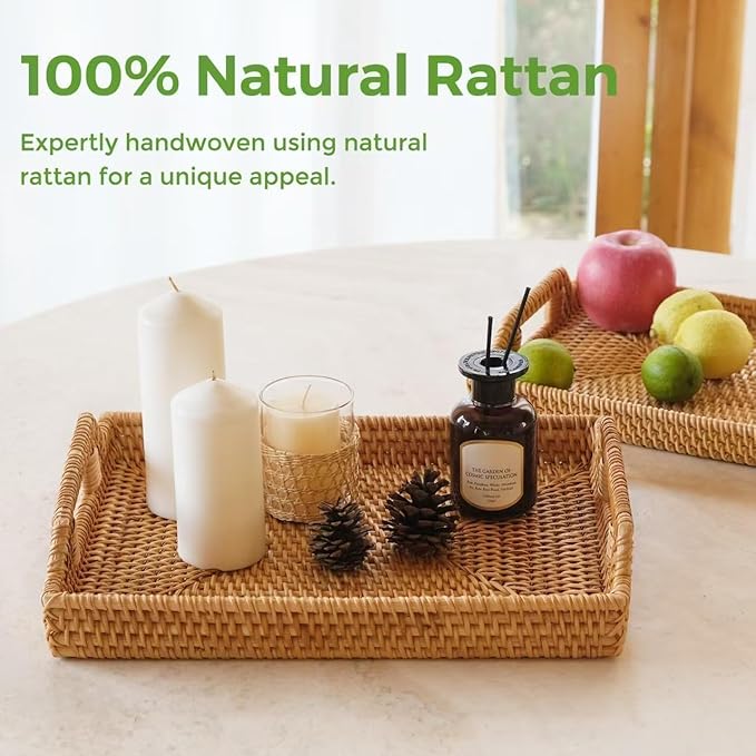 Wicker Tray Rectangle with Handles, Handmade Rattan Natural Woven Tray, Rattan Serving Wicker Trays for Decor Storage, Coffee Table Basket Trays for Breakfast Bread Fruit Snack