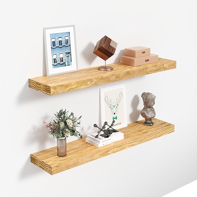 24'' Pine Wood Floating Shelves for Wall- Set of 2 - Rustic Wall Mounted Wooden Shelf for Stylish Home Décor - Natural Color - 24x6.5x1.25 Inches, 2pcs