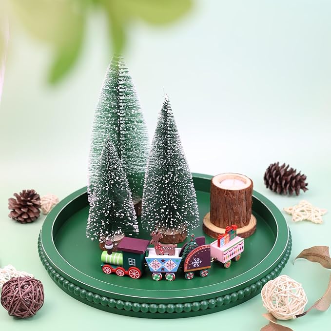 Green Round Wood Decorative Ottoman Tray for Coffee Table Kitchen Counter, Living Room, Handcrafted Green Wooden Serving Tray for Table Centerpiece